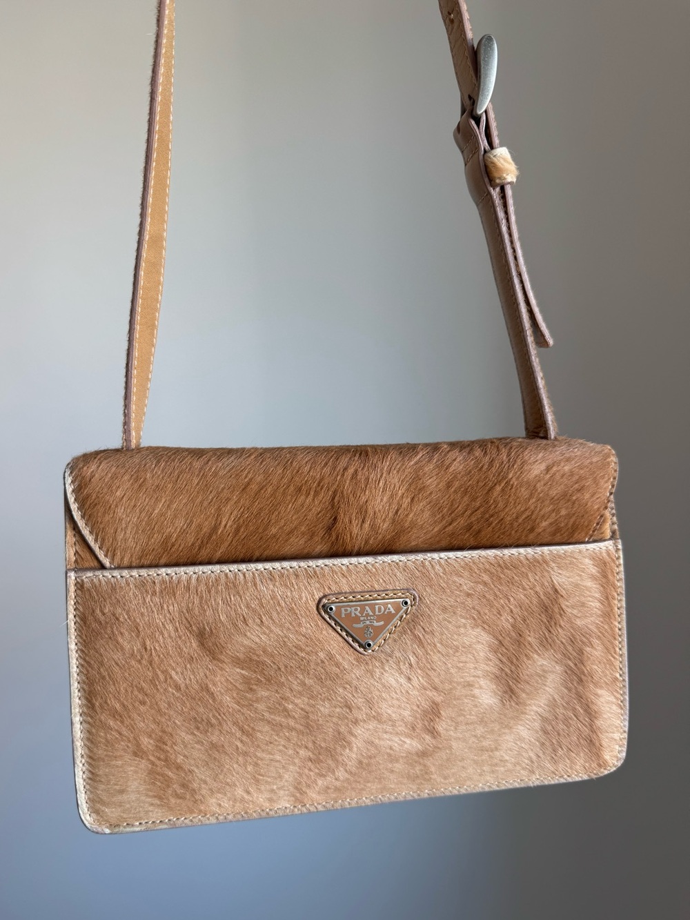 Authentic Vintage Beige Prada Brown Calfhair mini Shoulder Bag